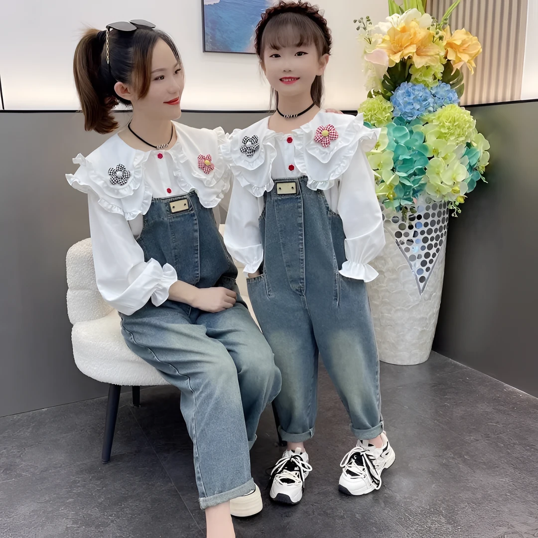 2024新款花朵娃娃领衬衣时尚洋气韩版牛仔背带裤套装