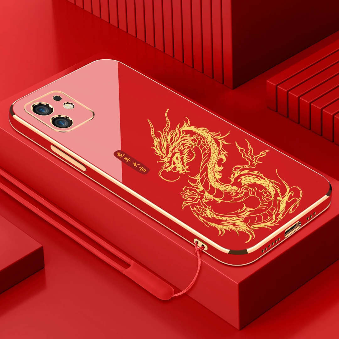 2024中国龙苹果12手机壳软壳硅胶挂绳防摔高端新年电镀保护套