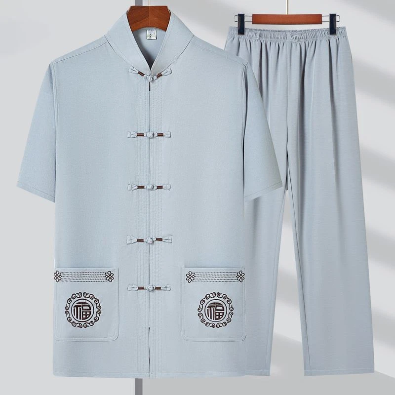 夏季短袖男唐装中老年爸爸装衬衫男士休闲套装老年人中式宽松夏装