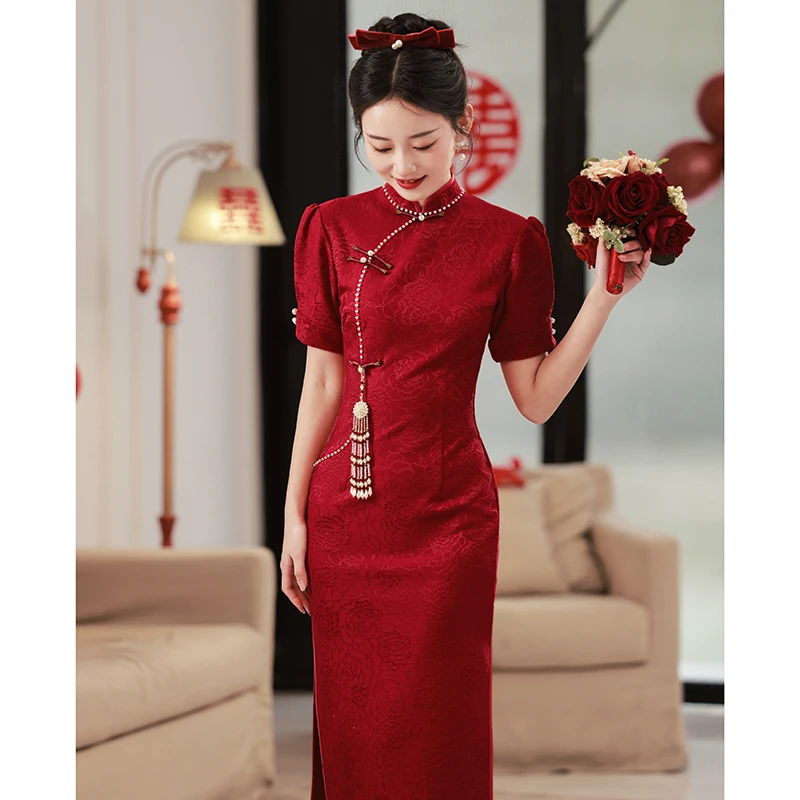 红色改良旗袍女夏2025新款订婚小礼服结婚新娘敬酒服高考送考中考