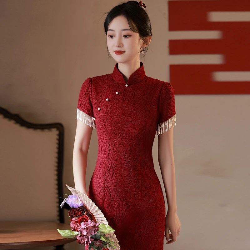 旗袍敬酒服新娘酒红色结婚订婚礼服回门连衣裙蕾丝高级感日常可穿