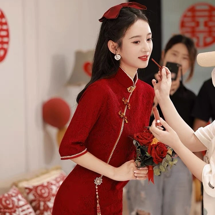 旗袍敬酒服新娘秋款酒红色结婚中国风女新中式改良高级感订婚