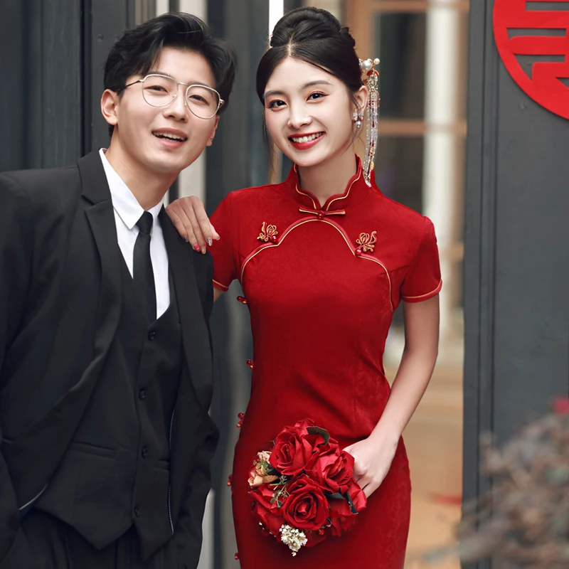 旗袍新娘敬酒服中式红色订婚礼服连衣裙改良结婚回门出阁宴年轻款