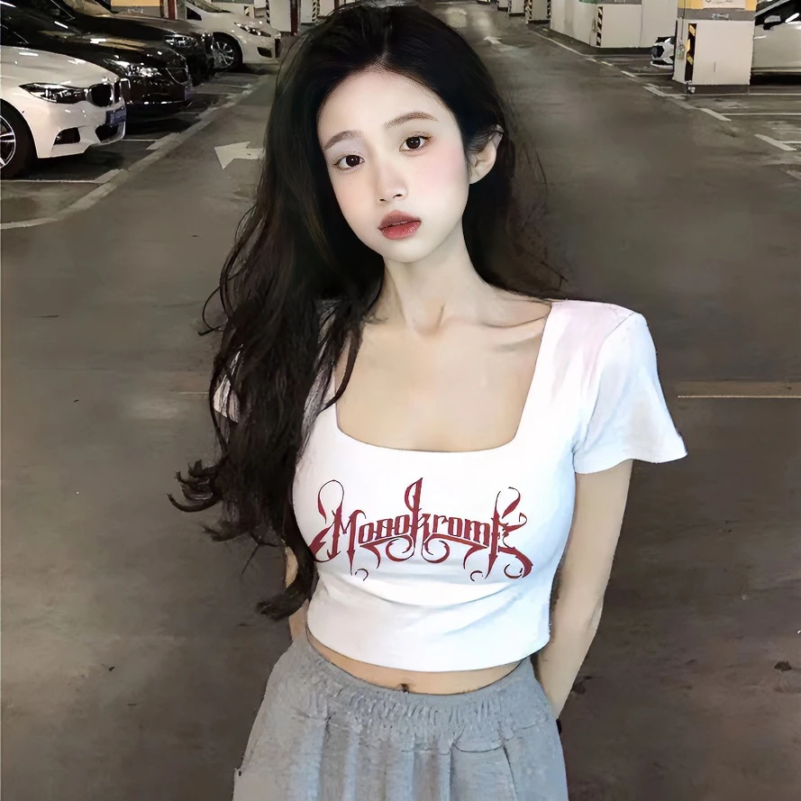 重磅95%棉 ins纯欲风白色方领短款露脐t恤女夏季百搭修身短袖上衣