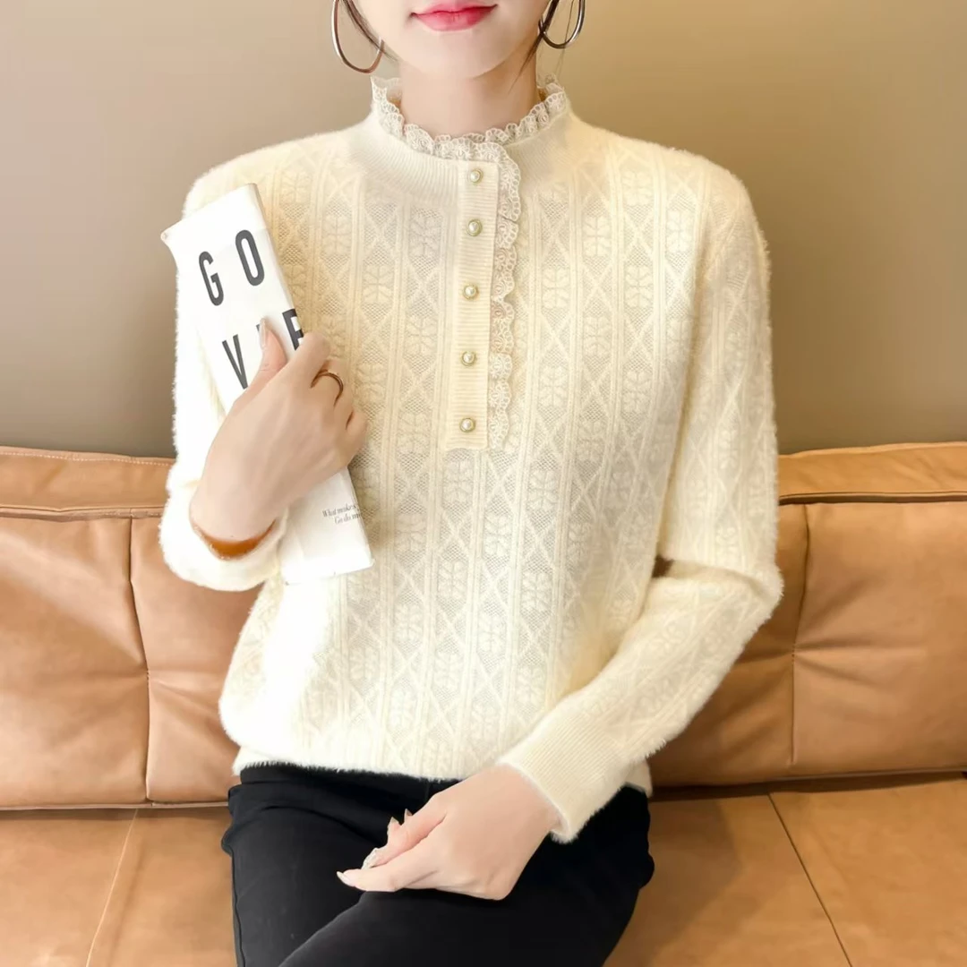 【甜心森系】加厚网红时尚气质蕾丝领长袖半高领针织打底衫女貂貂毛