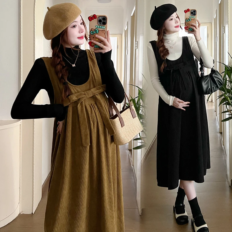 孕美孕妇装连衣裙春秋韩版背带裙两件套时尚外穿辣妈显瘦套装