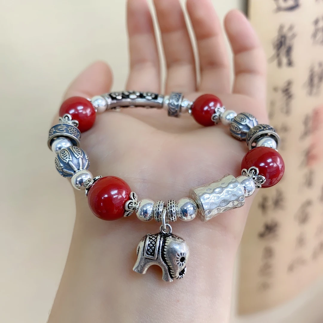 含辰砂工艺品Z16足银手链 新中式吉象送财朱砂小象情侣闺蜜手串