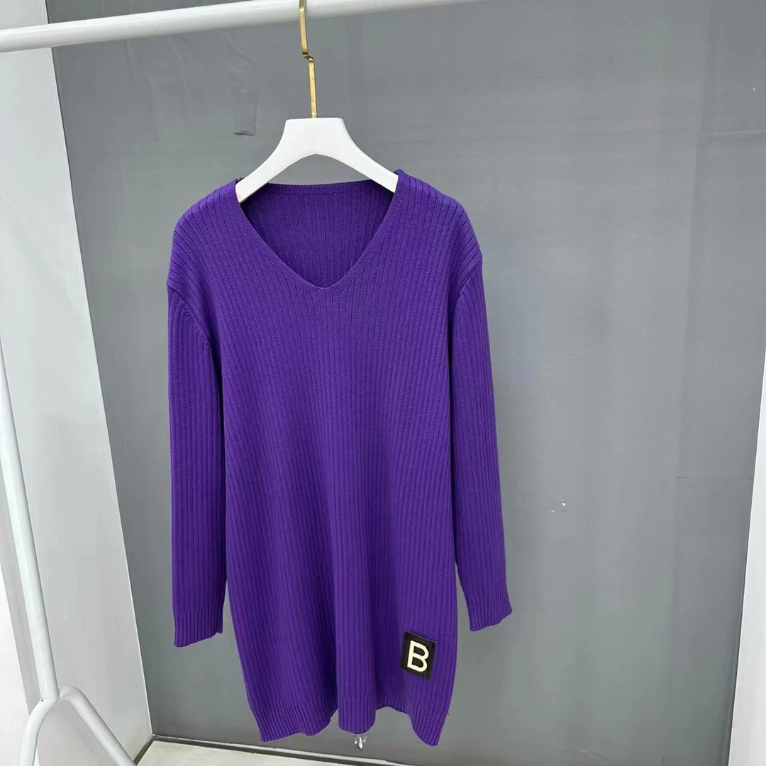 新款百搭V领中长款长袖套头针织毛衣-----B字母#