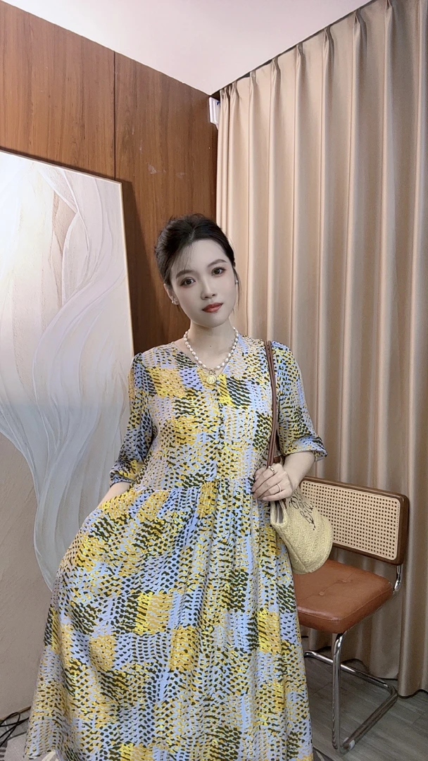 瑶瑶轻奢【落日美霞】春夏显瘦百搭气质时尚100%桑蚕丝真丝连衣裙