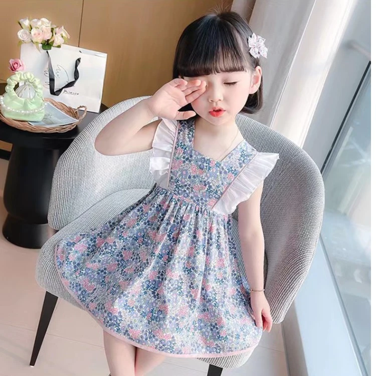 女童碎花连衣裙2024夏季女宝新款洋气公主裙子儿童花边飞袖衣服
