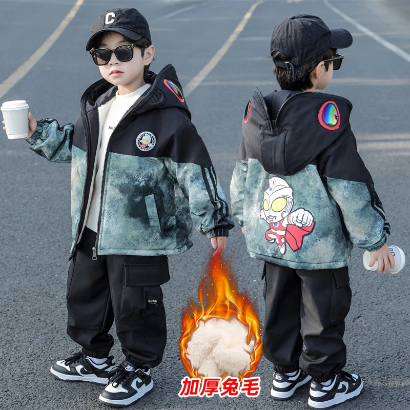 奥特曼男童加绒加厚外套2024新款秋冬季男孩宝宝保暖连帽时尚上衣