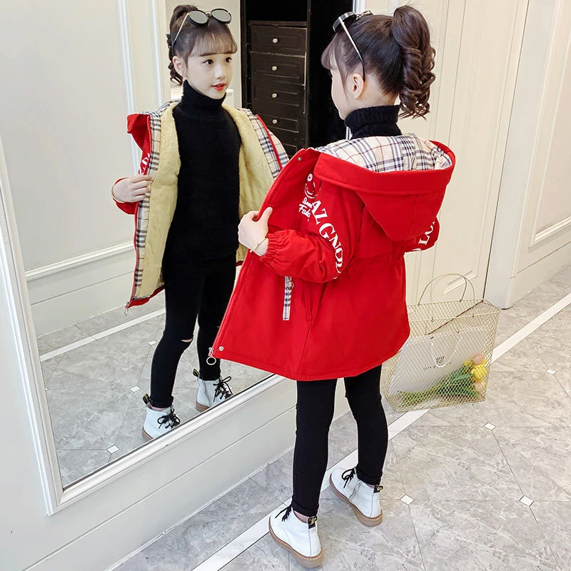 女童2023秋冬装加绒加棉韩版洋气外套女宝宝加厚风衣中大童儿童