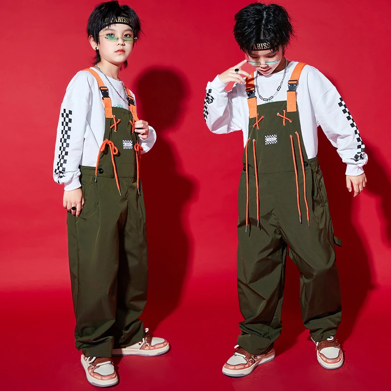 男童潮牌嘻哈背带裤套装hiphop演出服女童爵士舞服装儿童街舞潮服