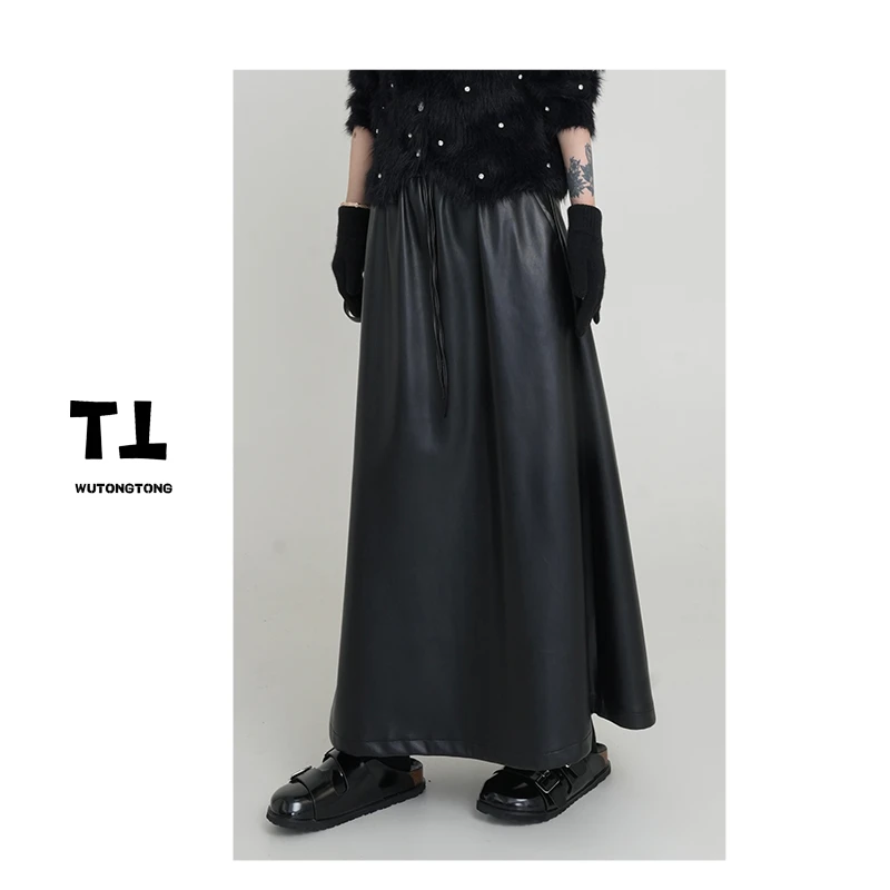 吴童童现货【宠溺绒冬】冬季抓绒PU皮半身裙女显瘦韩版A字裙61429