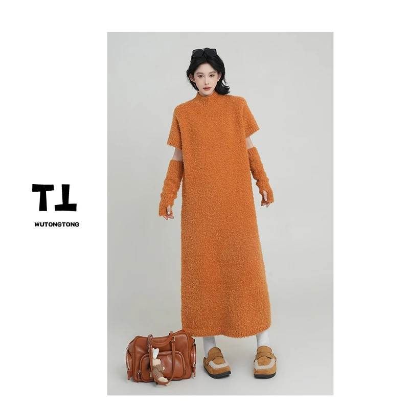 吴童童现货【橘风香香】秋冬季厚款毛衣裙女长款宽松针织长裙61452