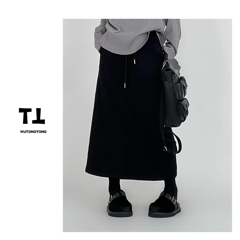 现货【黑玛瑙】吴童自制松紧腰A字加绒裙女过膝高腰长款半身裙60212