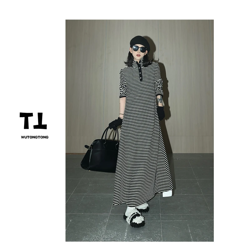 现货【墨尔本】条纹高领过膝连衣裙女生秋冬季长款休闲打底长裙6964
