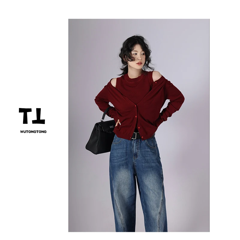 现货【斯尔纳特】吴童自制秋季纯色针织衫套装女开衫毛衣背心6901