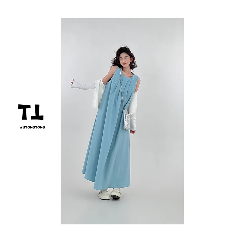 现货【贩卖夏天】长款时尚背带裙女宽松过膝女装百褶连衣裙60527