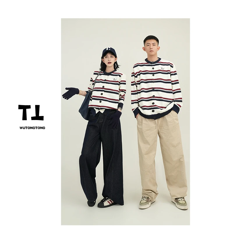 吴童童现货【热恋岛屿】秋冬季条纹毛衣外套女宽松针织上衣61398