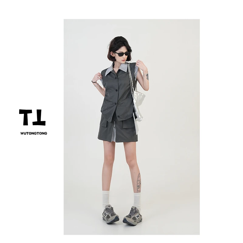 吴童童现货【 罗那堡垒】夏翻领上衣短裙两件套女韩版休闲套装60845