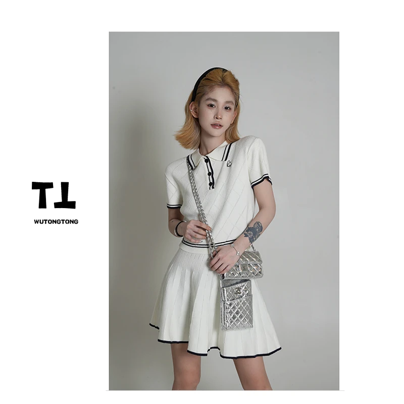 吴童童现货【浪漫满屋】夏短袖针织衫女薄款半身短裙两件套装60563