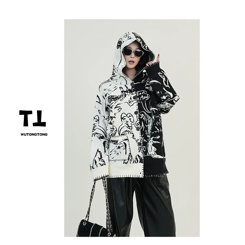 吴童童现货【秘密古迹】秋季连帽撞色长袖毛衣女韩版针织衫61086