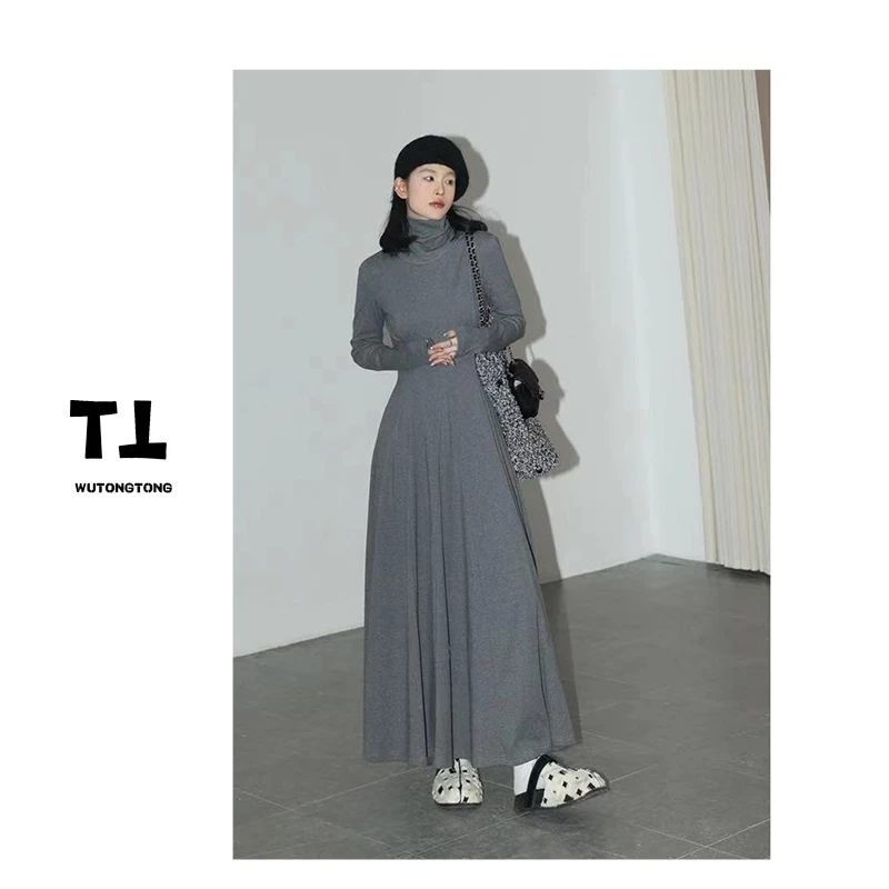 现货【居里夫人】秋冬抓绒连衣裙女高领过膝纯色长款A字打底裙6988