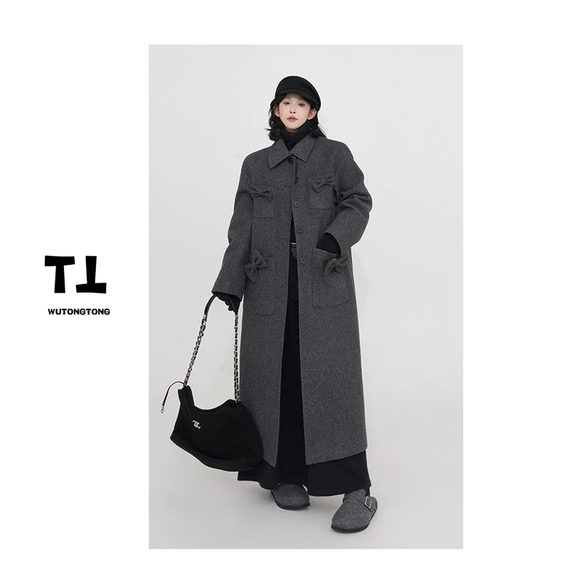 吴童童现货【慢愿蝶恋】冬季夹棉加厚蝴蝶结呢子大衣女风衣61600