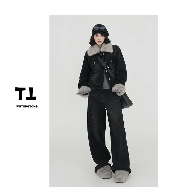 吴童童现货【成长奖励】冬季夹棉牛仔外套女两件套裤子套装61495