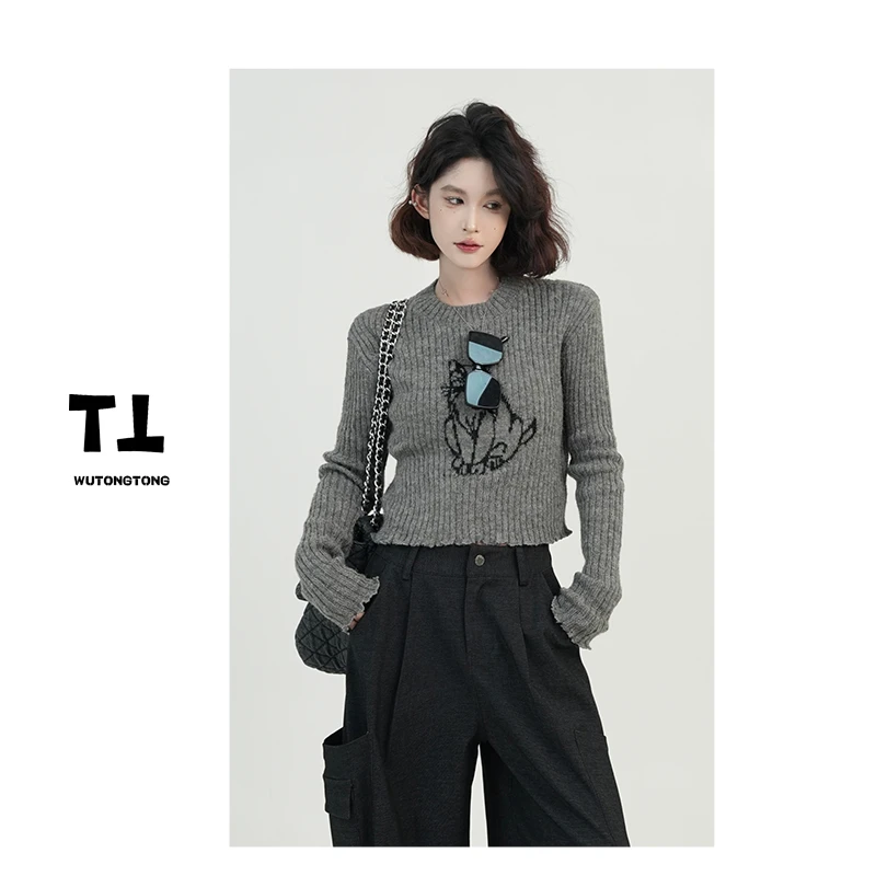 吴童童现货【优雅小猫】秋季卡通长袖毛衣外套女韩版针织衫61140