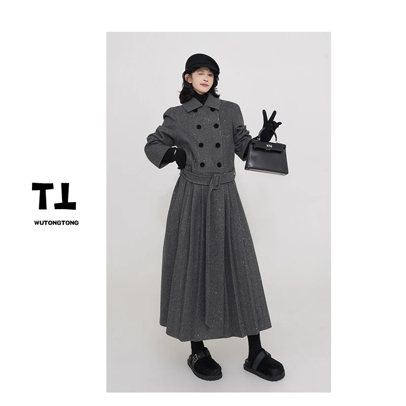 现货【知星轨道】冬季翻领厚款长袖连衣裙女休闲长款A字百褶裙61602