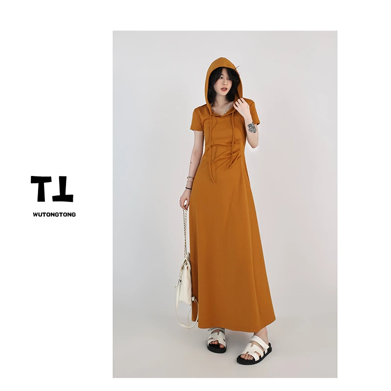 现货【花间酒】夏天短袖连衣裙女时尚连帽过膝长款显瘦A字裙6745