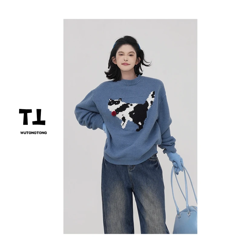 现货【物语小猫】冬季厚款卡通圆领套头毛衣外套女休闲针织衫61540