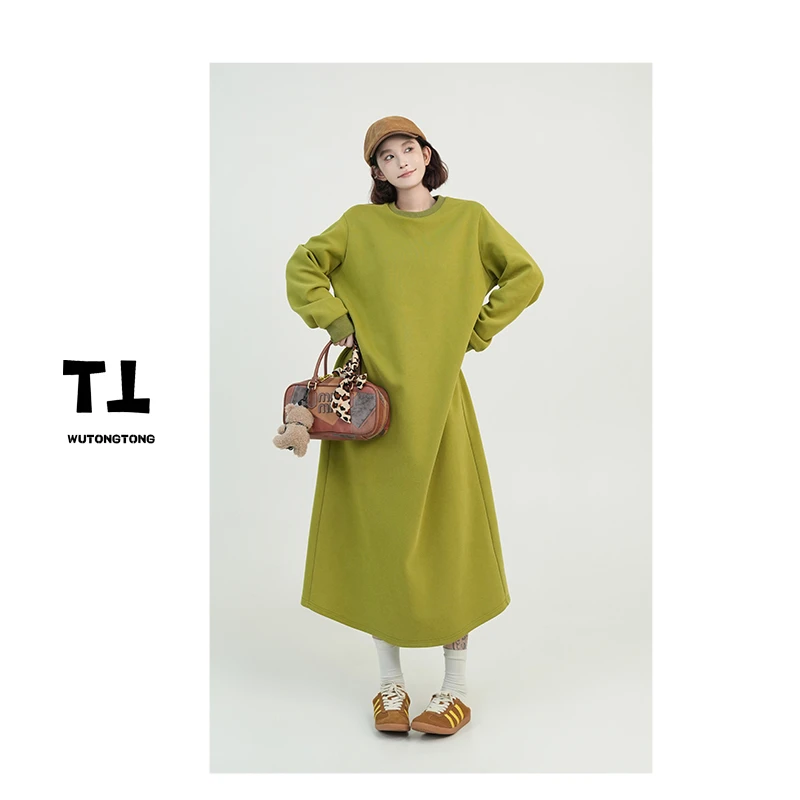 现货【小野潭边】秋季长袖连衣裙女过膝休闲气质长款卫衣裙61129
