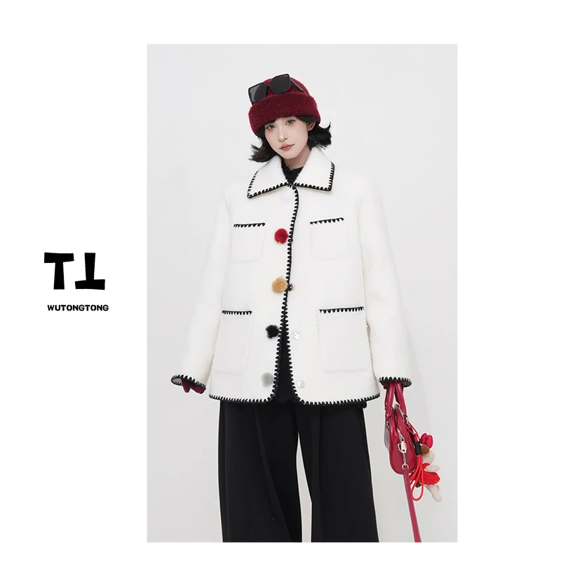 吴童童现货【闲日柔彩】冬季毛毛夹棉厚款外套女休闲宽松上衣61627