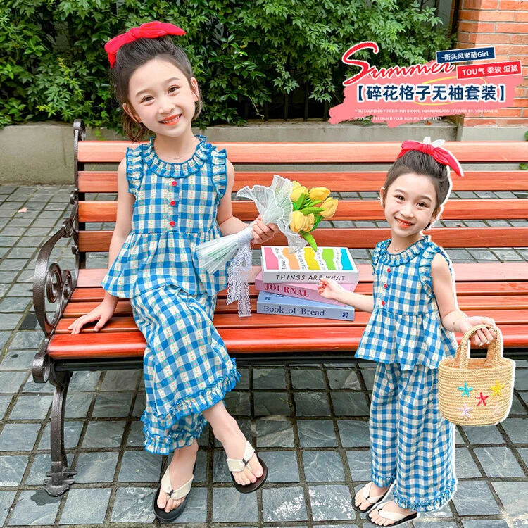 【Y爆款推荐】夏天儿童套装韩版气质洋气短袖女宝时髦衣服格子