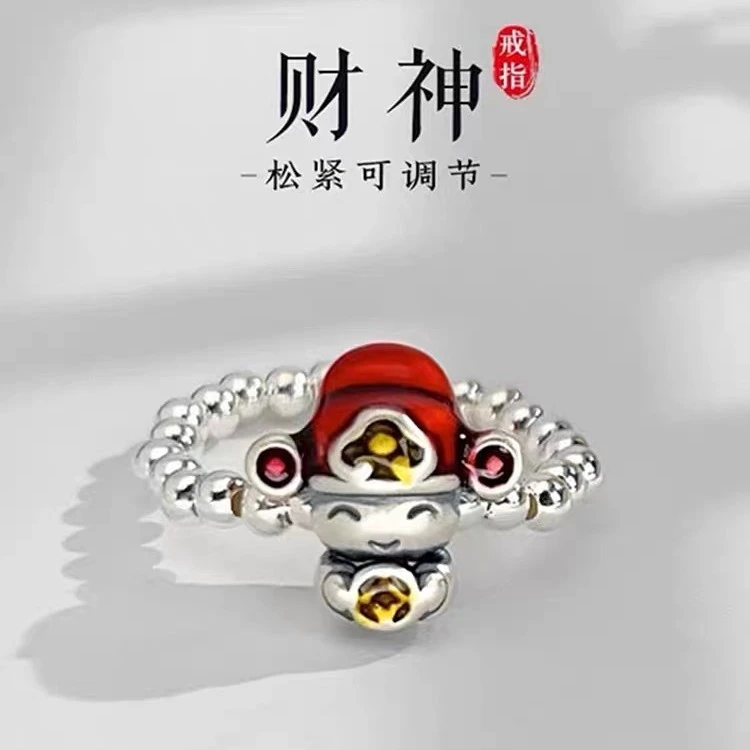 足银戒指 纯银财爷爷足银珐琅彩工艺银珠戒指（弹力绳可调节）