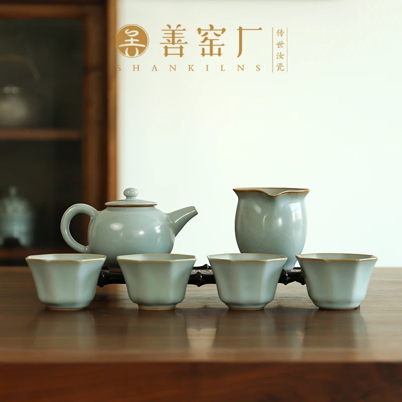善窑厂汝窑功夫茶具套装家用开片可养景德镇陶瓷泡茶壶杯套组高档