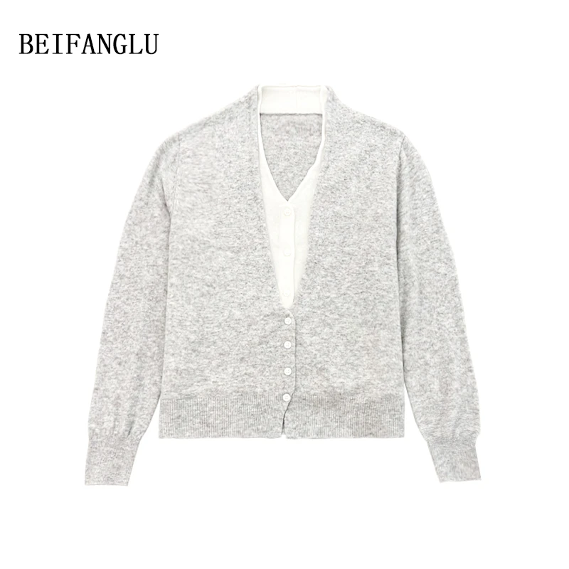 5108#Q 假两件针织衫 女春秋季新款开衫 毛衣外套女上衣大码V领