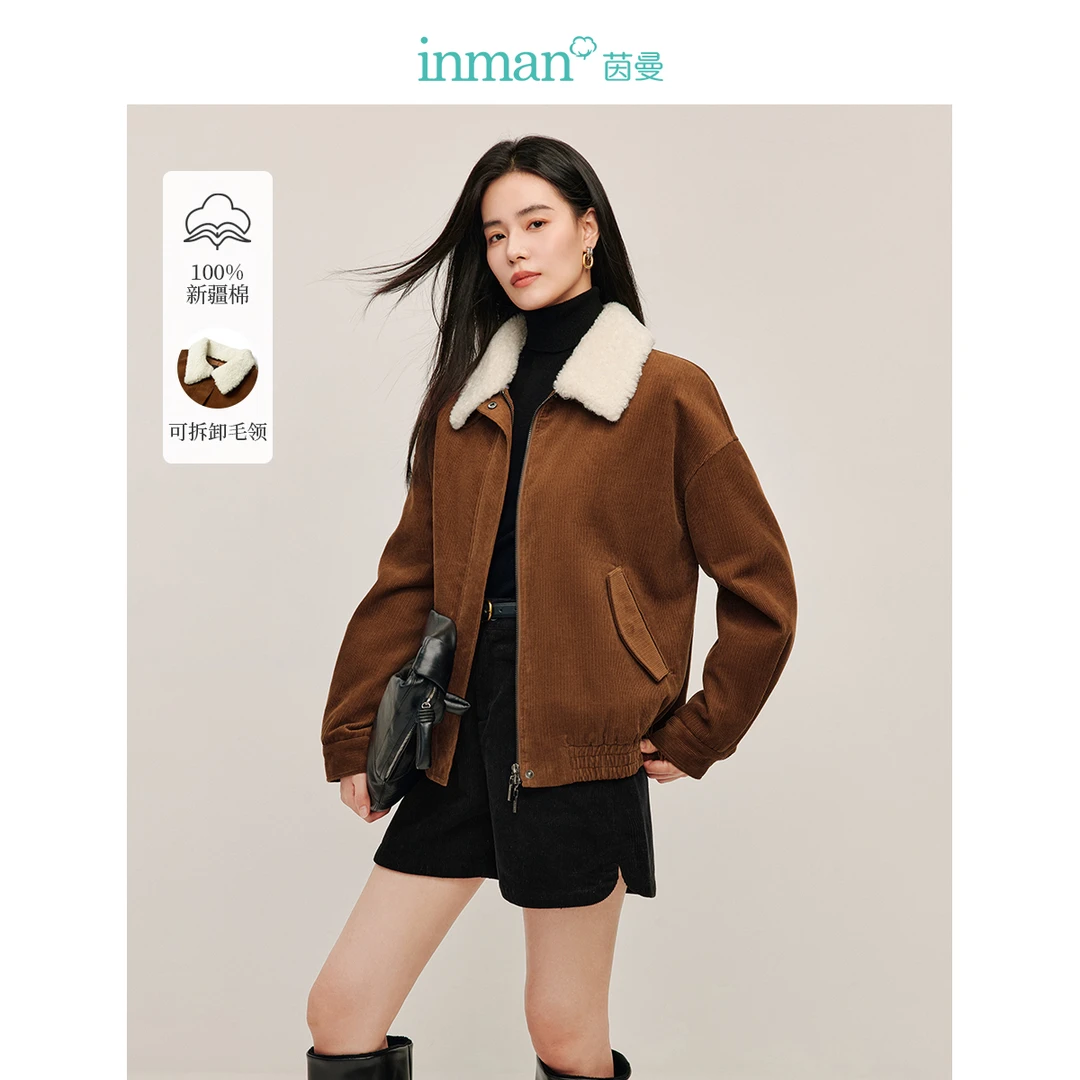 【商场同款】茵曼冬季女棉衣/棉服外套保暖女装新款加厚毛领休闲