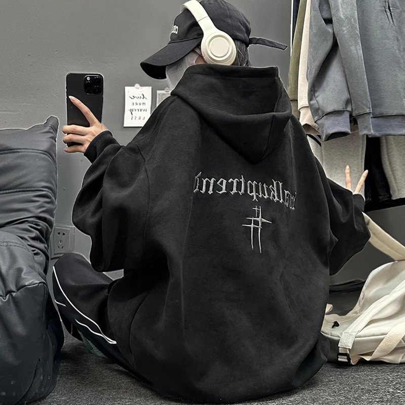 刺绣卫衣男士春秋季新款宽松百搭连帽潮牌麂皮上衣情侣套头外套