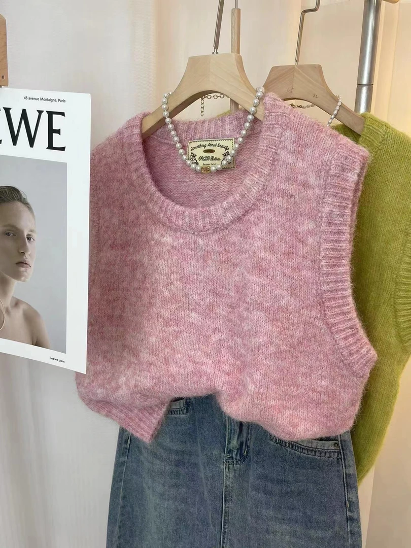 糖果色圆领软糯叠穿针织背心女2024年秋季新款宽松无袖毛衣内搭