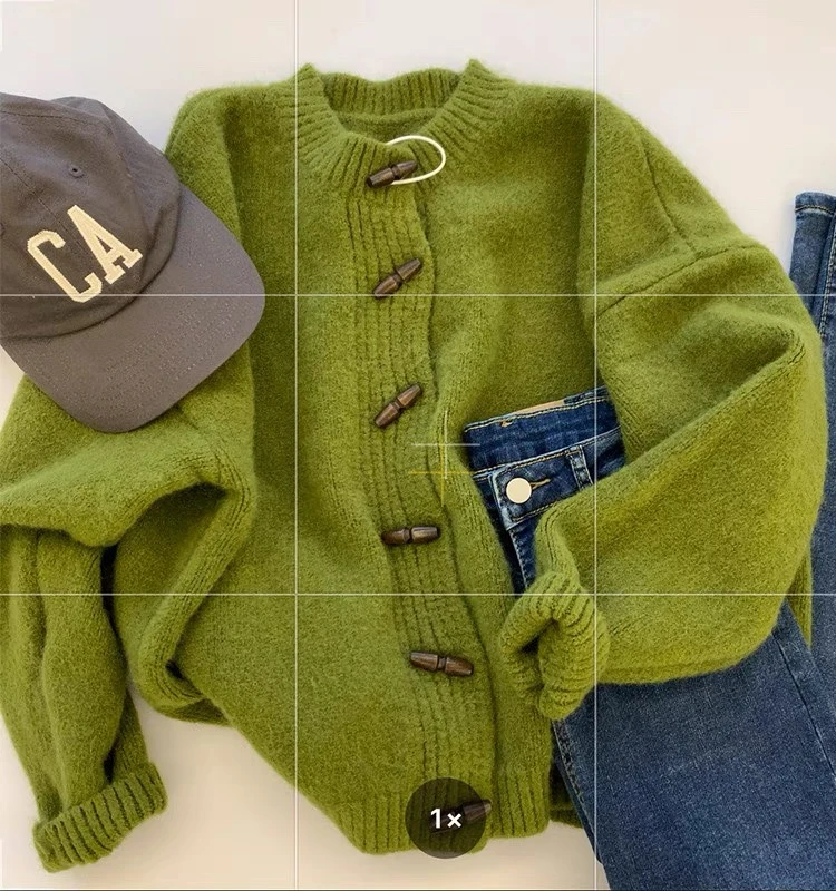 牛油果绿色单排扣针织衫开衫女秋冬新款宽松百搭牛角扣毛衣外套潮