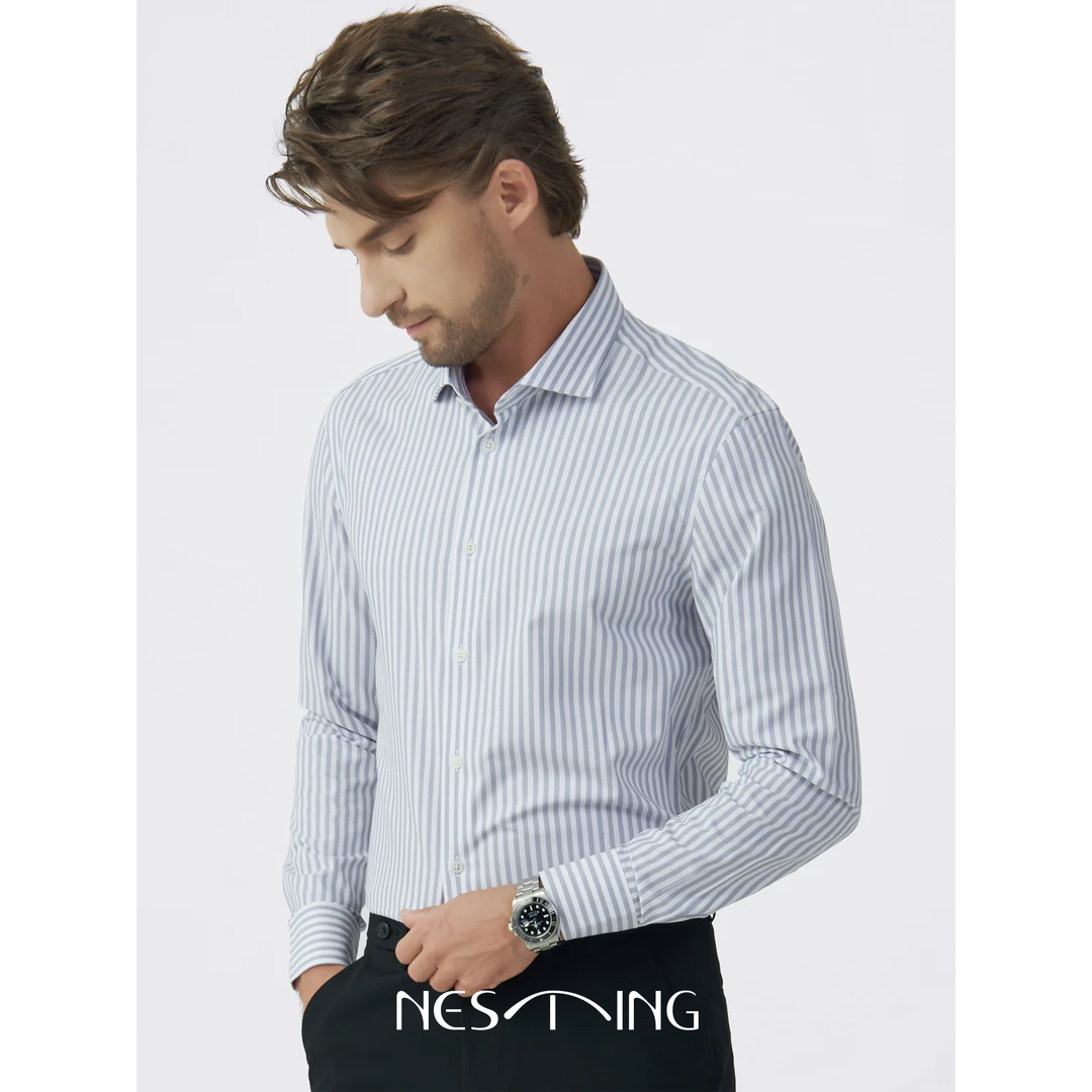 陈大叔-桑蚕丝温莎领简约日常通勤休闲条纹修身百搭男士长袖衬衫