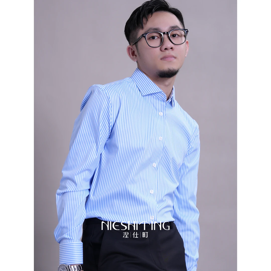 陈大叔-商务衬衫男2025新款蓝色竖条纹高级感抗皱长袖高级感衬衫