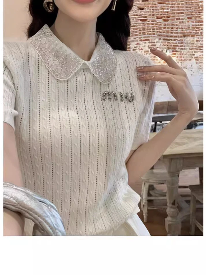 夏季时尚百搭娃娃领针织短袖T恤女显瘦气质