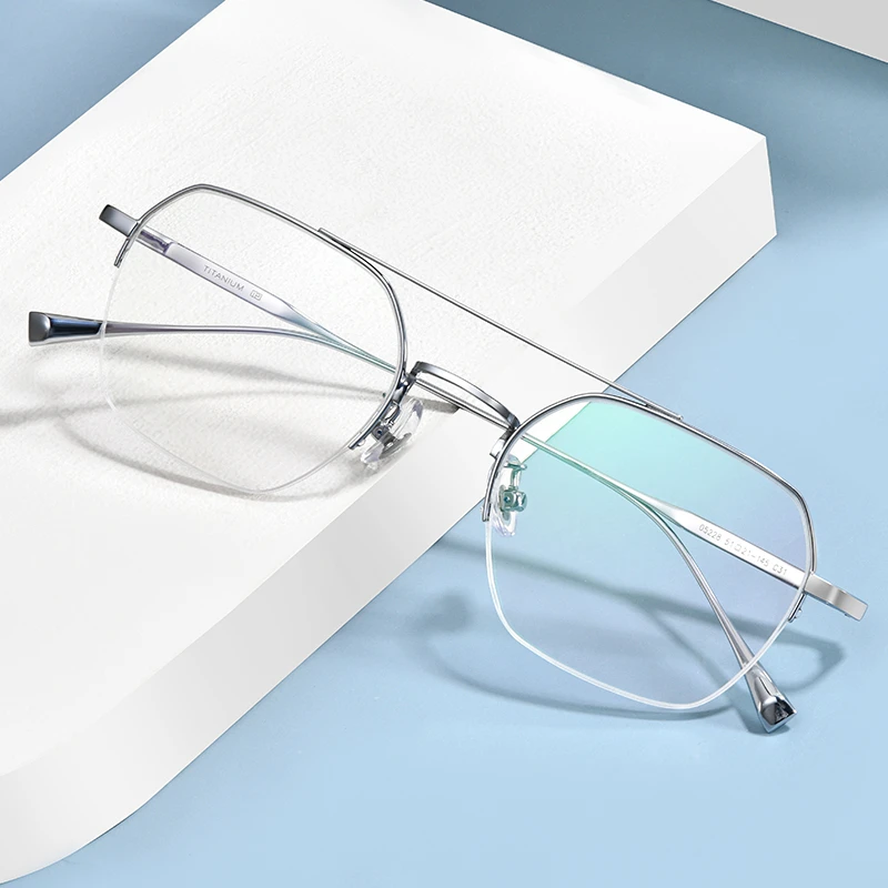 超轻纯钛复古近视眼镜男双梁半框变色眼镜女防蓝光防辐射散光眼镜