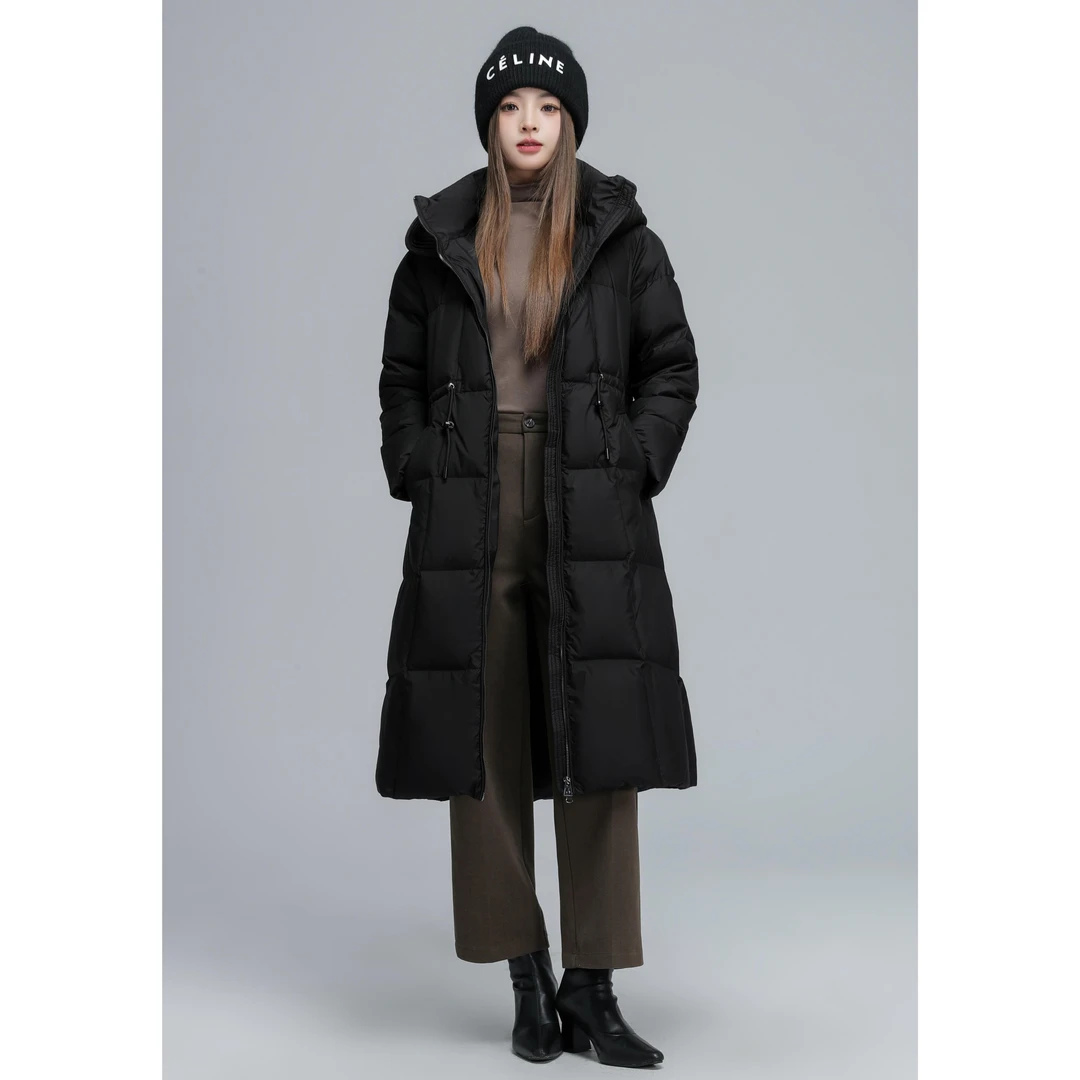 V/雅鹿90白鸭绒加厚收腰连帽冬季户外防风保暖防寒长款羽绒服