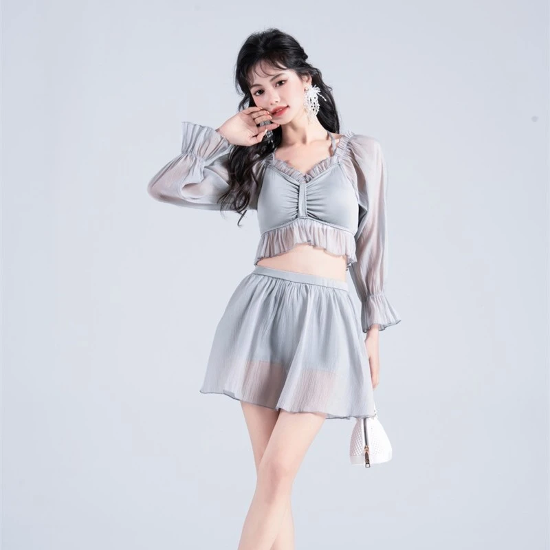 仙气网纱泳衣女泡温泉裙式显瘦保守高级分体网红风长袖聚拢游泳装